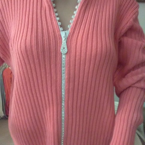 VINTAGE BEAUTIFUL PEACHY VON SAKEN LG ZIP UP SWEATER 100% COTTON RHINESTONES - Picture 6 of 7